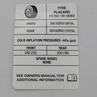 Genuine HSV Tyre Placard C19Hp C 10B-182402